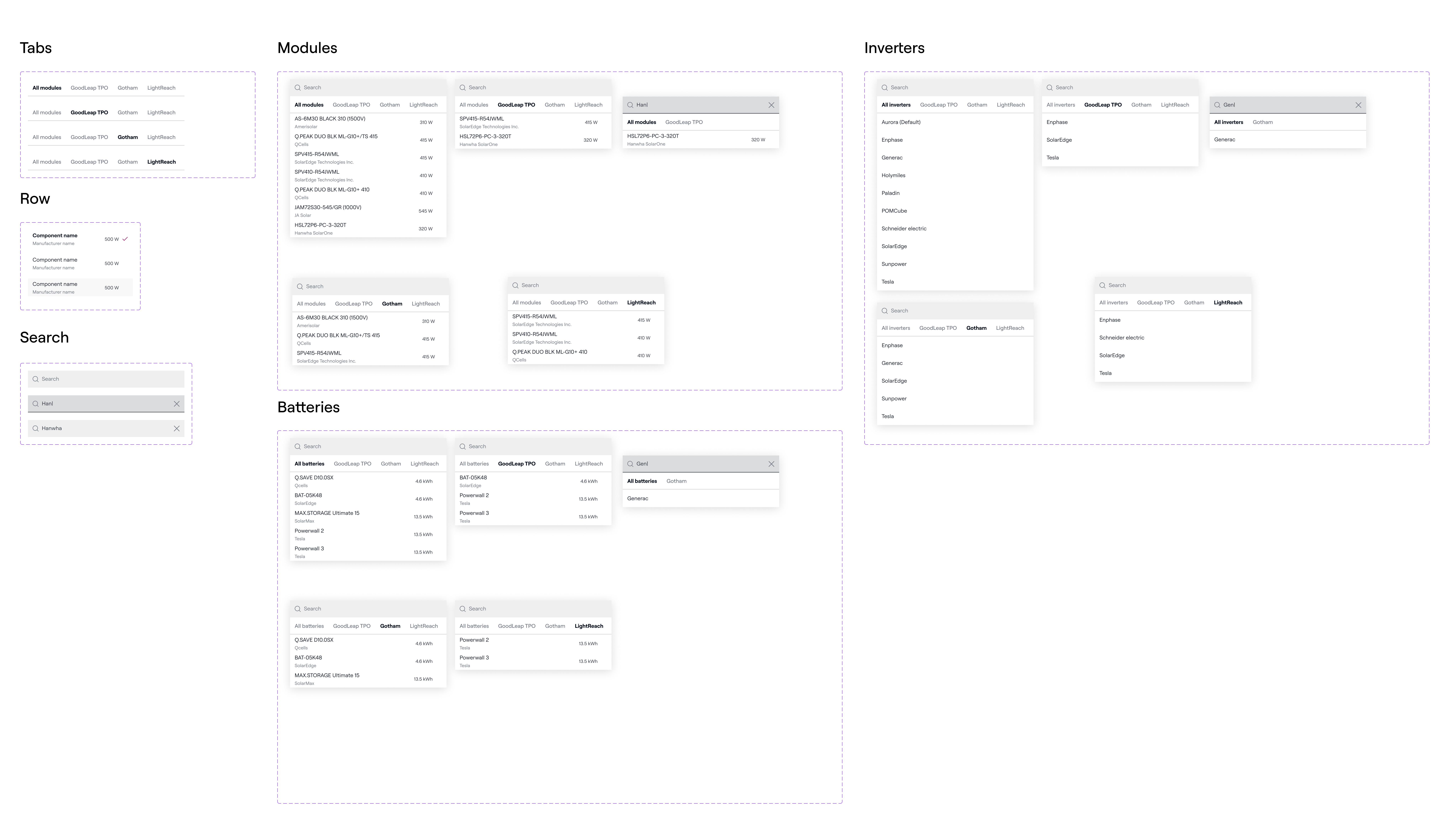 AVL component selection interface